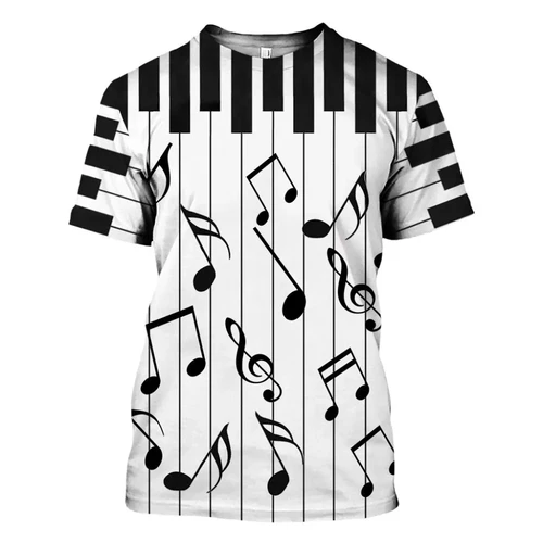 Imagen 2 del producto Novedad de verano, camiseta Harajuku con estampado de música de Piano para hombre, moda Hip Hop, pantalón corto informal de manga, cómoda de calle Extra grande