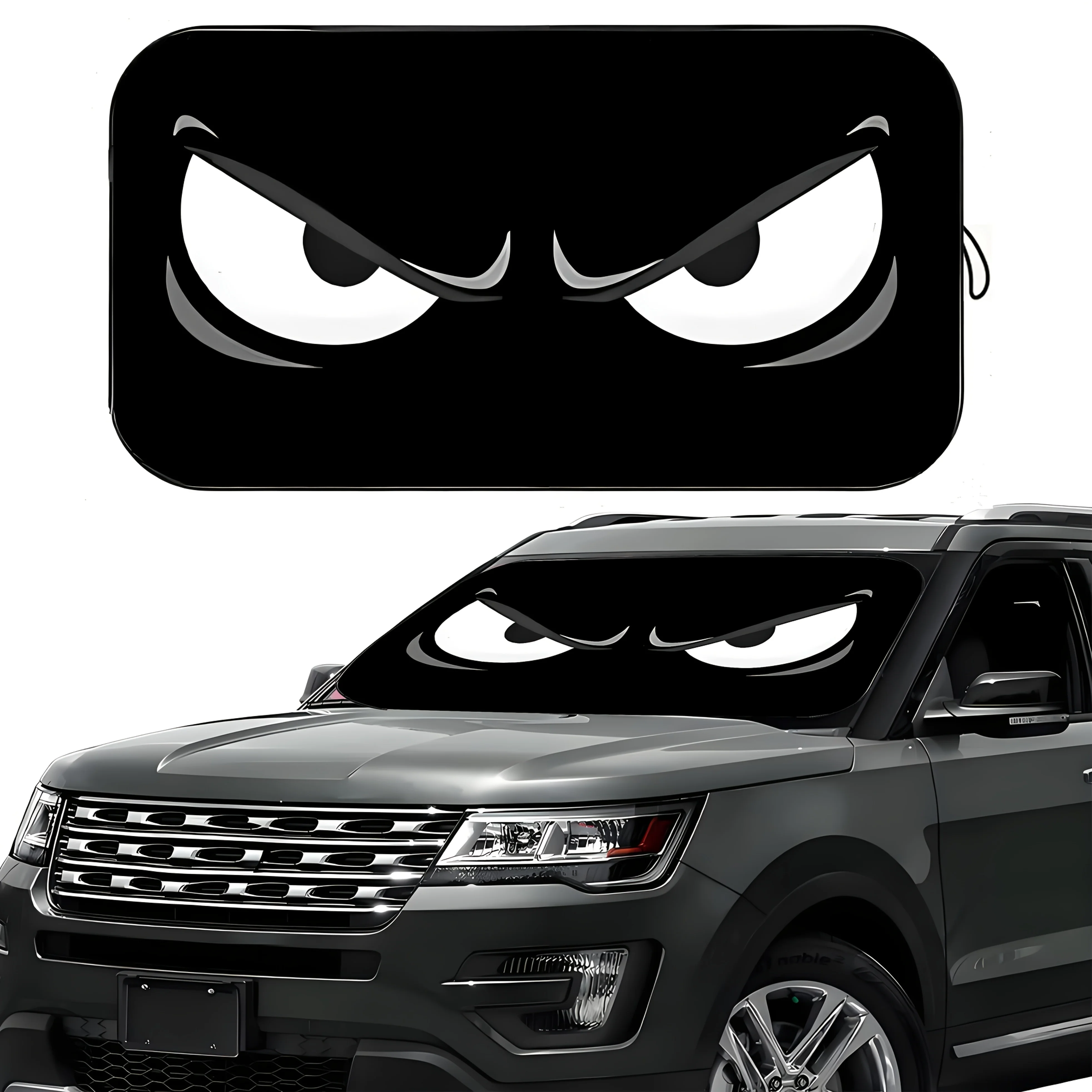

1pc Black Car Sunshade With Angry Eyes Design - Foldable Windshield Cover For Summer Heat & UV Protection, Durable Polyester Mat