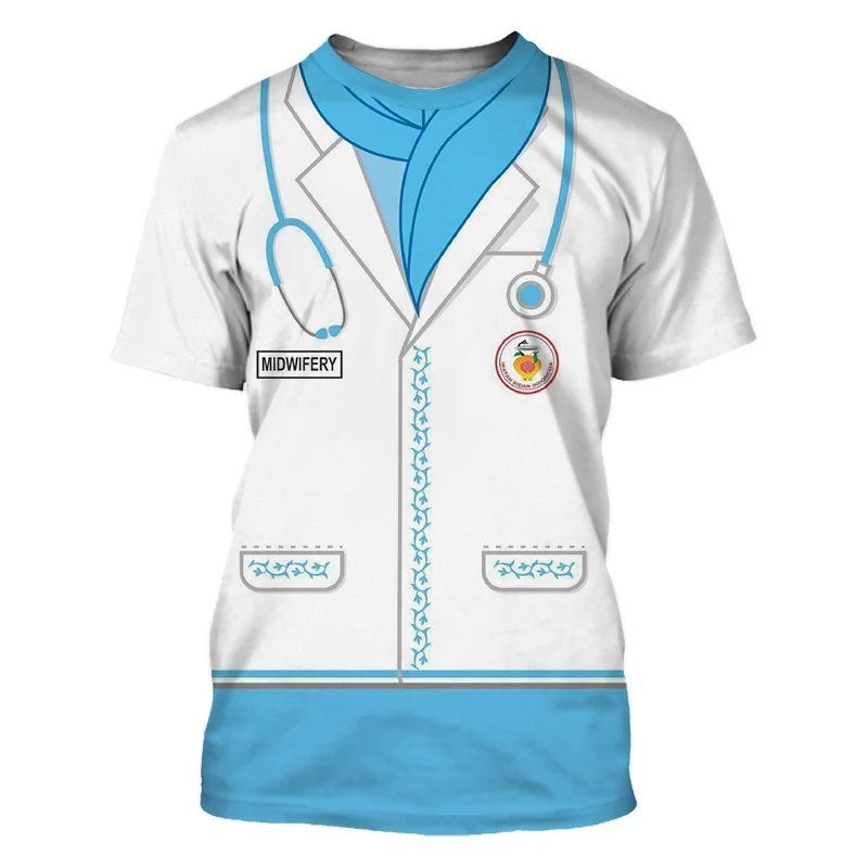 Summer Nurse Uniform Unisex Fashion O-Collar Short Sleeve 3d Printed T-Shirt Street Fun Loose Casual Personality Large Size Top
