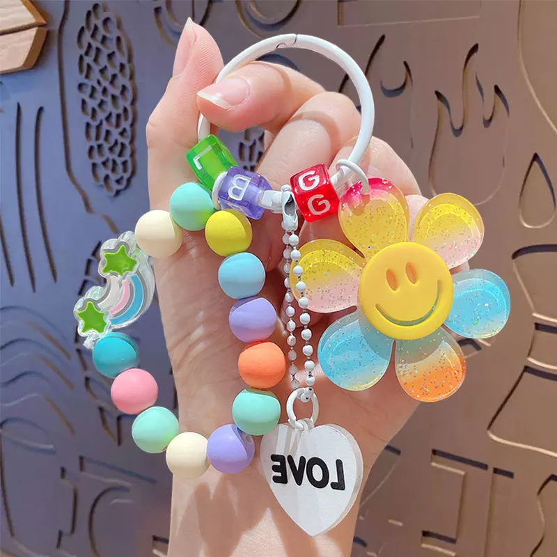 Cute Smiling Flower Keychains Korean Style Sweet Colorful Sunflower Keyrings With Beaded Chains Acrylic Flowers Keys Accessories