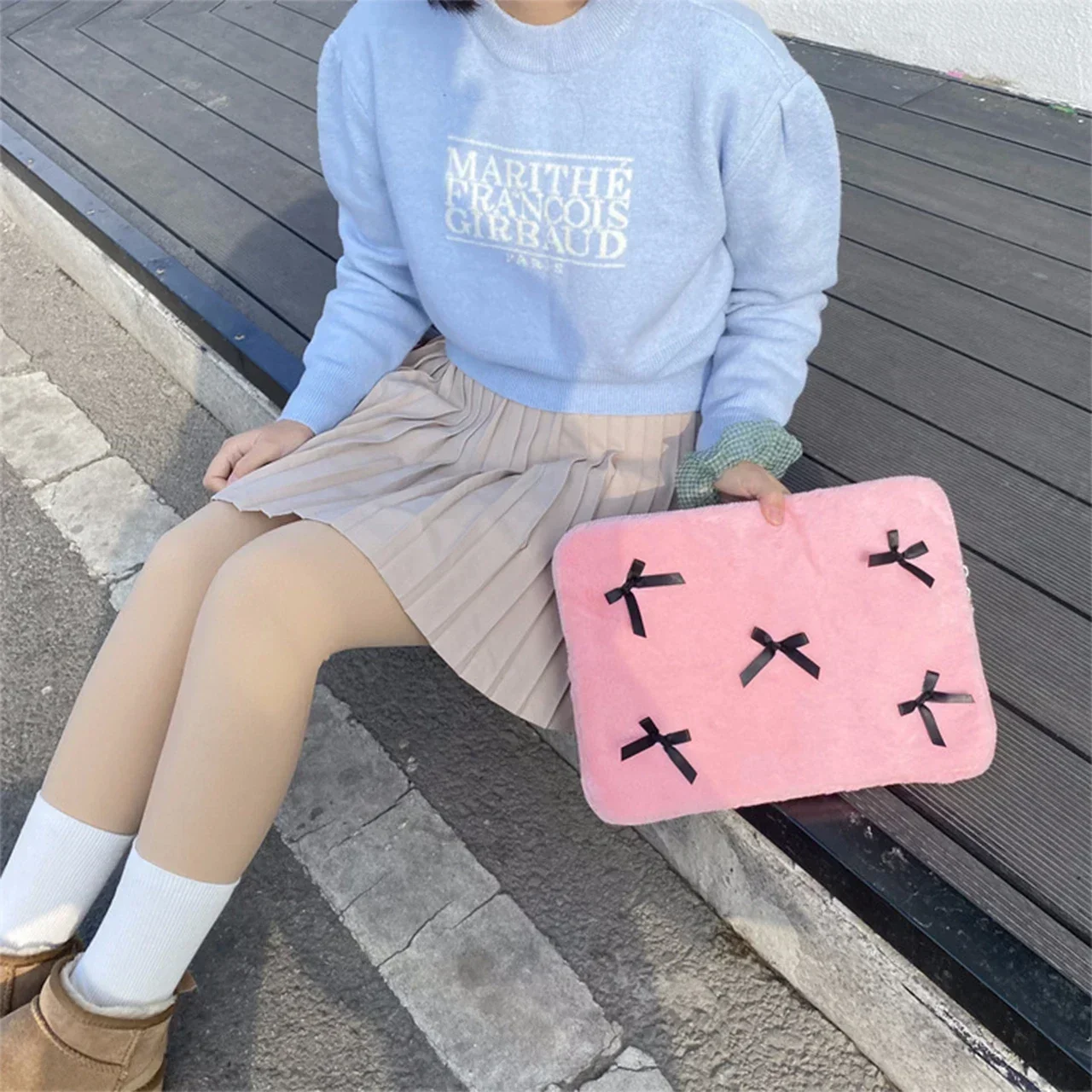 Plush Cute Sweet Uniform Bow Laptop Sleeve Bags 12 13.3 13.6 14 Inch Ipad Tablet Case Casual Zipper for Women Briefcase Bag