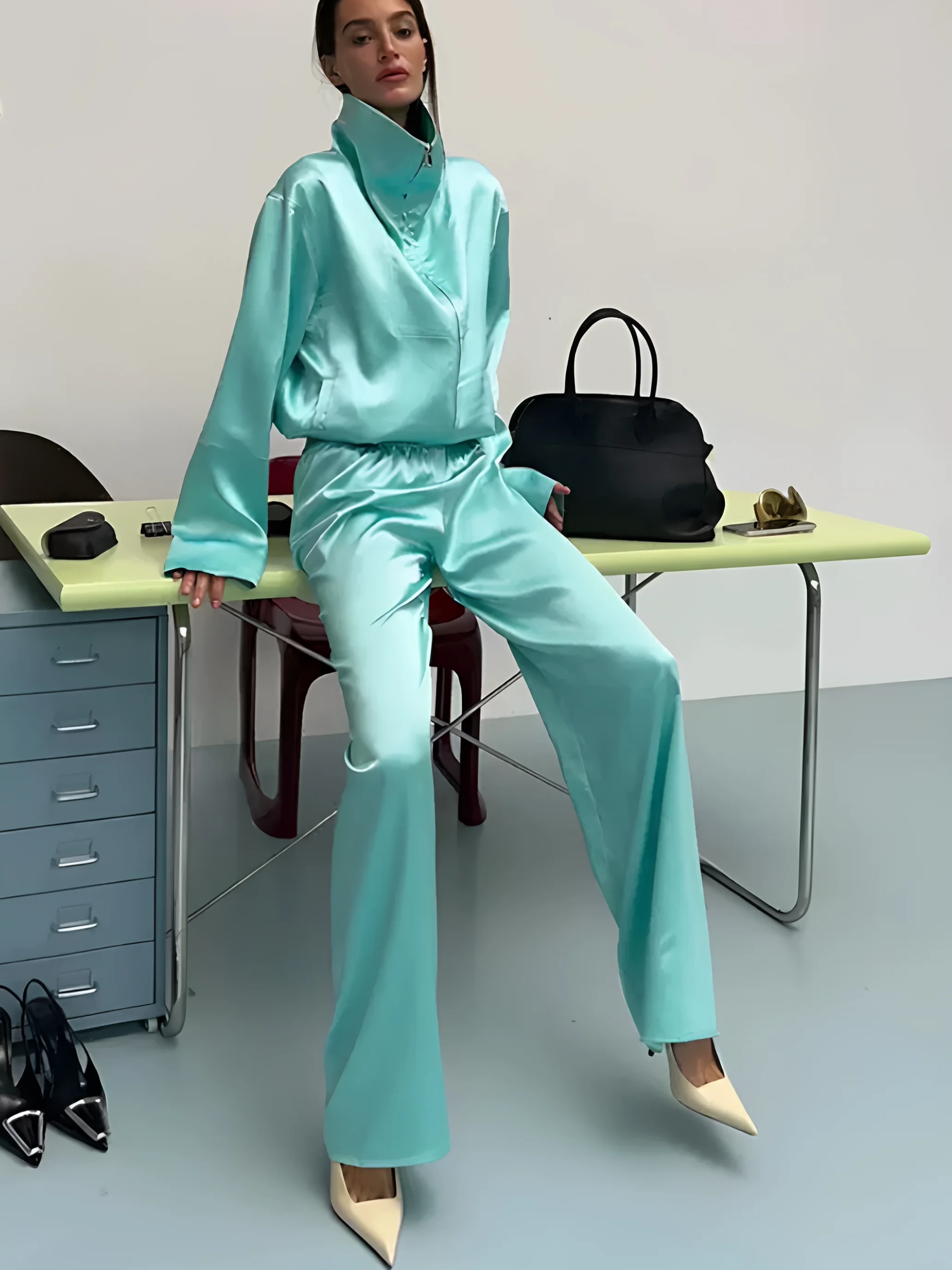 Morning Fog Blue Satin Jacket Loose Pants Two-Piece Set Casual Style Elegant Commute Spring Autumn Fashion Women's Ensemble