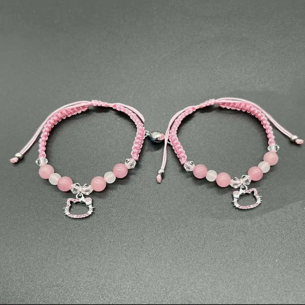 Pink Color Crystal Cats Friendship Bracelets for Best Friend Bff Festival Matching Rope Chain Bracelet for Couples Family Sister