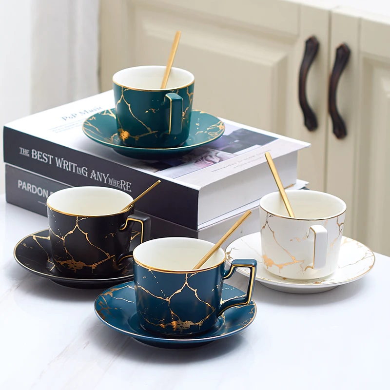 Marble Ceramic Coffee Cup Saucer Spoon Set 200ml Nordic Tea Matt Porcelain Advanced Teacup Cafe Espresso