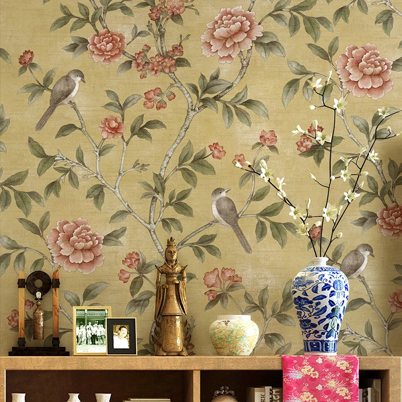 Colorful Canvas Wallpaper Pastoral Style Non-woven Flower And Bird Paper Vintage Living Room Bedroom Background 3D Wall Stickers