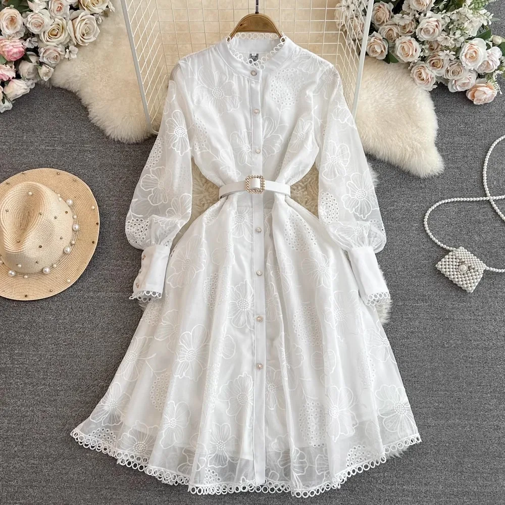 

Luxury Vintage Women Embroidery Lace Hollow Out Spring Summer Stand Collar Lantern Sleeve Pearls Buttons Belt Party Evening Dres