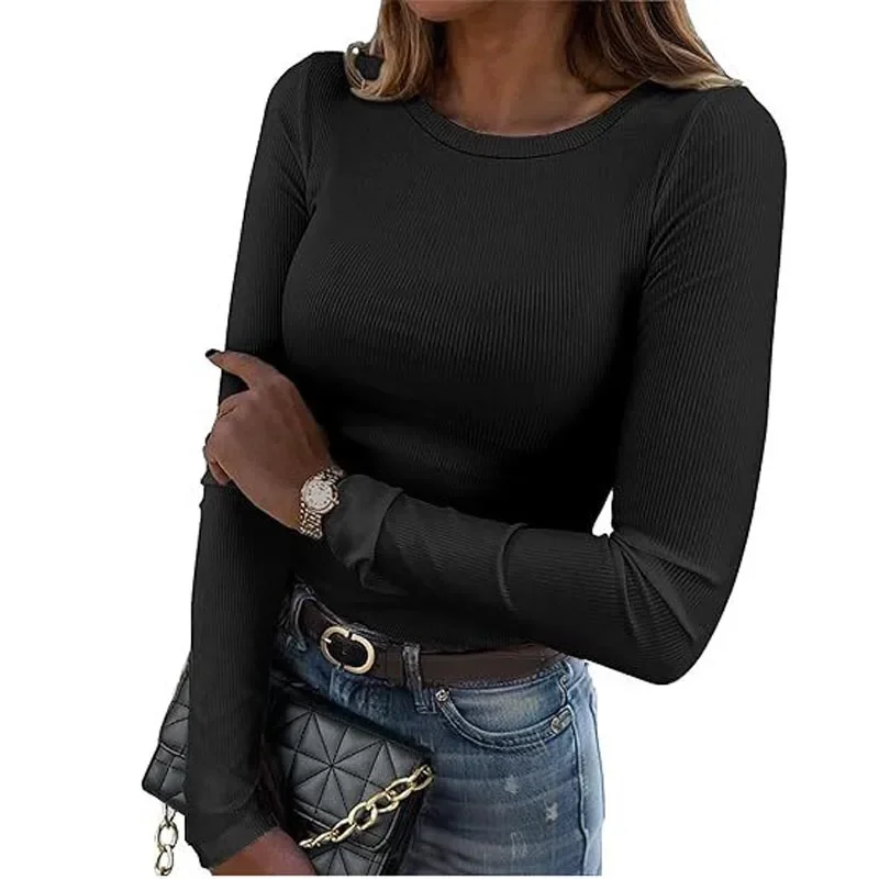 Kolorowa damska koszulka z okrągłym dekoltem, dopasowana, prążkowana, elastyczna, podstawowa, codzienna bluzka z krótkim i długim rękawem.