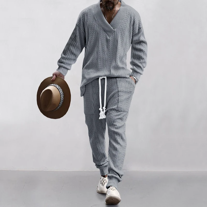 European and American men\'s fashion trend sweater set 2023 autumn new casual sports long sleeved pants knitted two-piece set