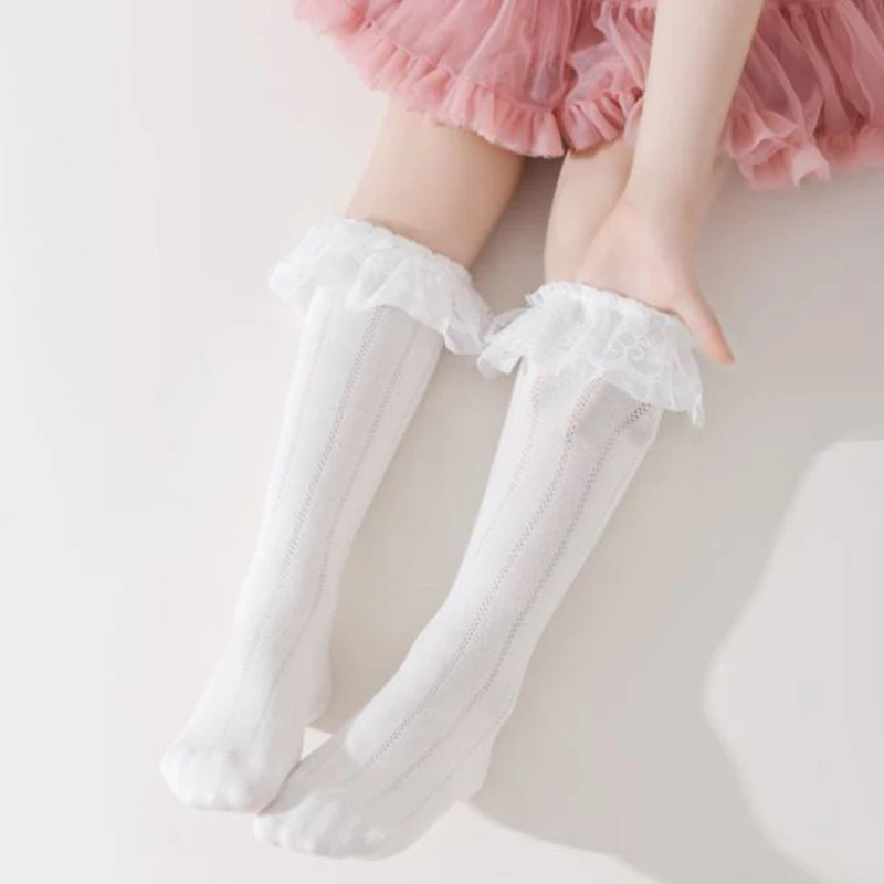 Adorable Baby Girl Lace Knee High Socks with Ruffled Elastic Band for Extra Warmth and Style - Soft and Cozy Fashion Stockings