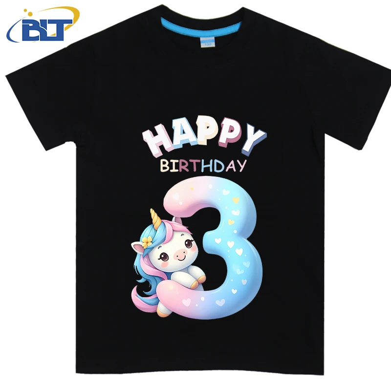 Happy Birthday 3 Years Old Cute with Unicorn Design Print KidST shirt in summer cotton short -sleeved casual top