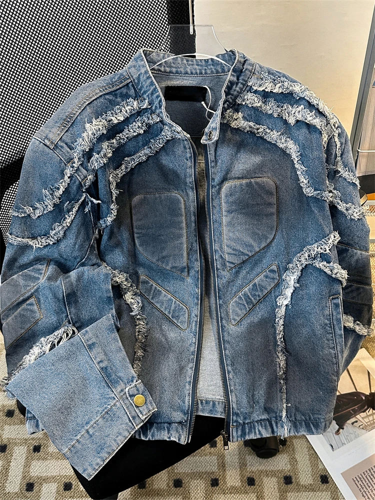 

Retro Distred Denim ort Jaet for Men And Women Loose Fit Stand Collar Biker Sle Outerwear with Emed Sensation