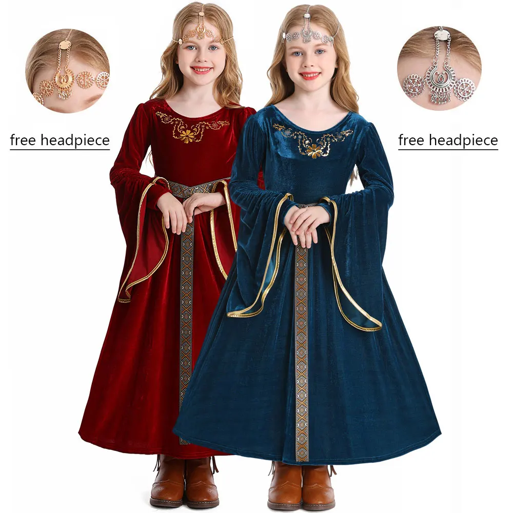 New Child Kids Renaissance Medieval Princess Dress Robe Costume for Girls 4-12T Red Blue With Headpiece 3pcs/set