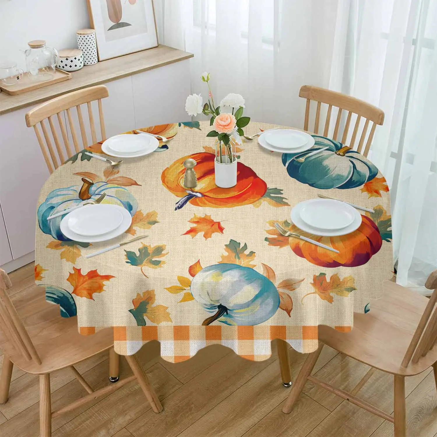 Checkered Watercolor Pumpkin Leaf Festival Waterproof Tablecloth Tea Table Decoration Round Table Cover For Kitchen Wedding Home