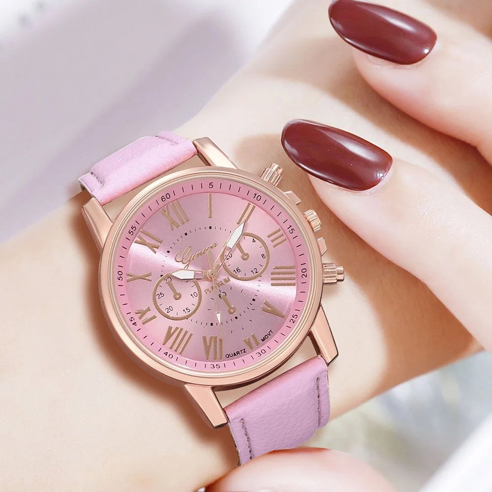 6PCS/Set Pink Women Watch Fashionable Roman Digital Dial Quartz Wristwatch PU Leather Strap Watch Jewelry Set Gift For Girls