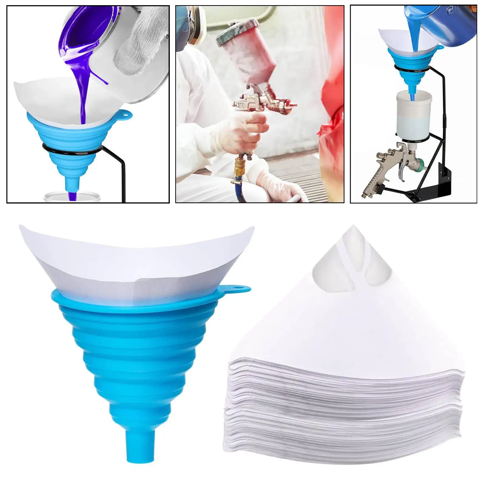 200Pcs Paint Strainers and 1x Silicone Funnel with Hooks for