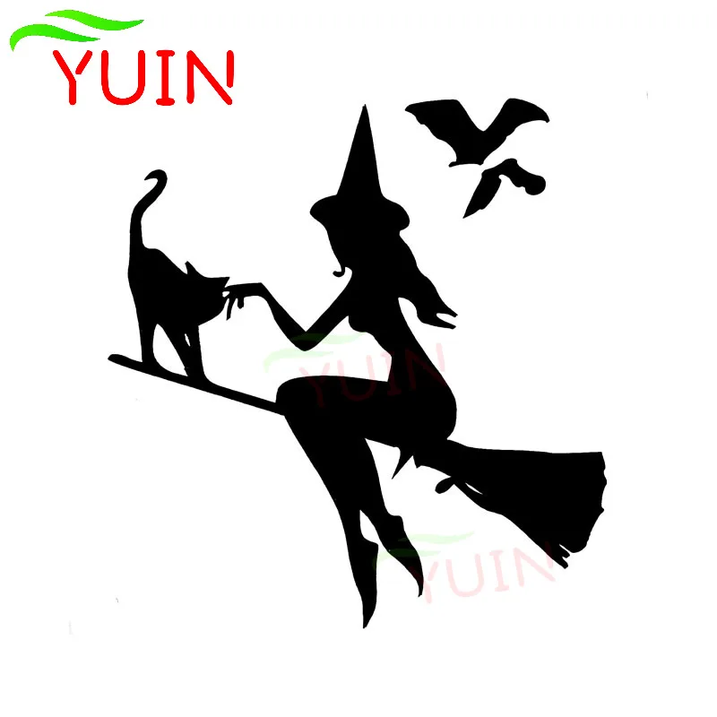 YUIN Witch on Broomstick with Cat & Bats Car Sticker Fashion PVC Window Decoration Motorcycle Auto Accessories Waterproof Decal