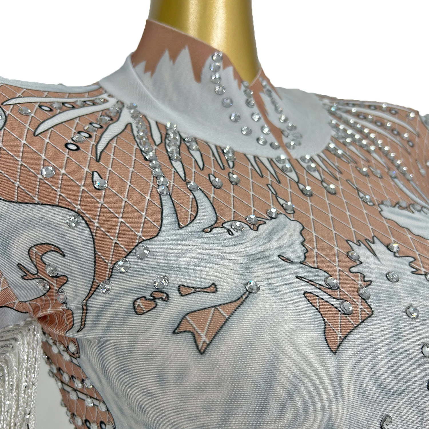 Baitiane Rhinestone Tassel Leotard Dress for Women's Latin Jazz Dance Performance Clothes Ballroom Fringed Samba Tango Dresses