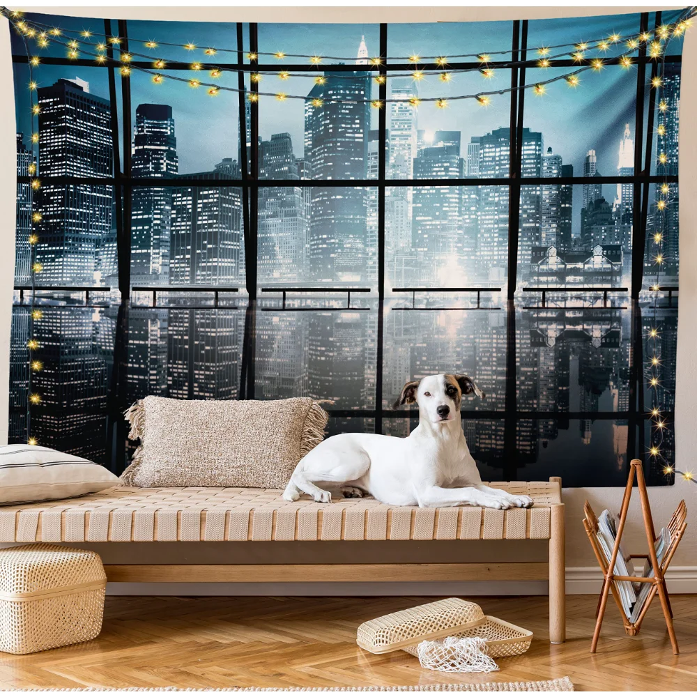 New York Tapestry Modern Night City Scenery Wall Hanging Skyscrapers Buildings Tapestries Bedroom Living Room Decor Wall Blanket