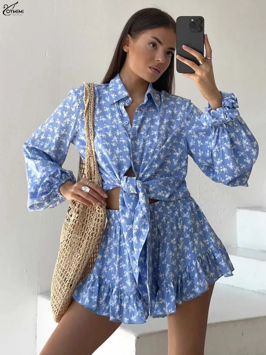 

Oymimi Fashion Blue Print 2 Pieces Set For Woman Elegant Turn-Down Collar Long Sleeve Button Shirts And Pleated Mini Skirts Sets