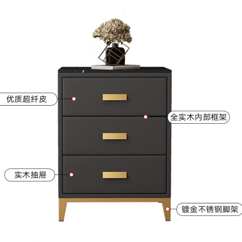 

New bedside table Bedroom solid wood three-pump bedside table Storage cabinet Simple light luxury leather Internet