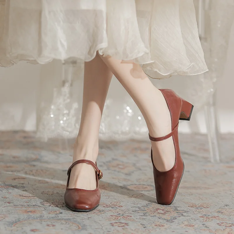 

Женские туфли на высоком каблуке, простые офисные женские туфли, милые туфли Мэри Джейн на толстом каблуке с металлической пряжкой и квадратной головкой