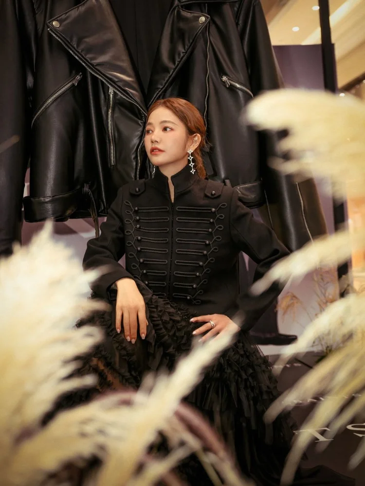 

Vintage Women Napoleon Jacket Fashion Stand Collar Long Sleeve Single Breasted Solid Cropped Coat Chic High Street Outwear 2026