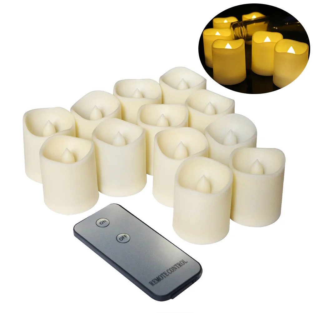 

12Pcs Remote-Control LED Electronic Flameless Timer Lamp Warm Yellow Light for Home Bar Church Decoration