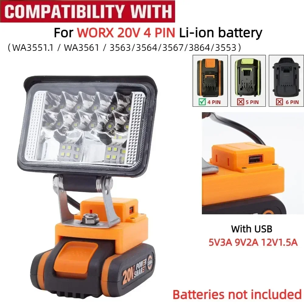 Przenośna lampa robocza LED do akumulatorów WORX 20V 4 PIN (WA3551.1/ WA3561 / 3563/3564/3567/3864/3553) z ładowaniem USB, latarnia kempingowa