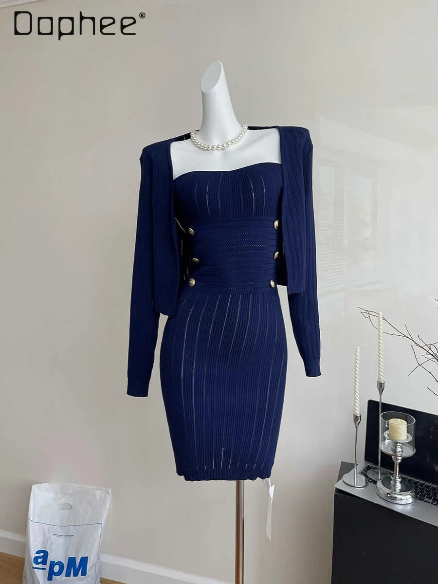 Ladies Knit Dress 2pcs Long Sleeve Cardigan and Strapless Wrapped Dress Metal Button Sexy Bodycon Outfits Temperament