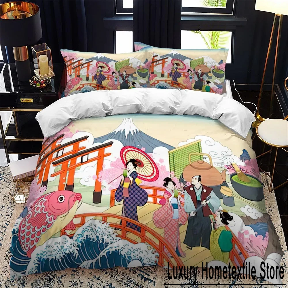 Japanese-Style Duvet Cover Set King Queen Full Size Ukiyo-e Theme Wave Pattern Polyester Bedding Set Fuji Mountain Exotic Style