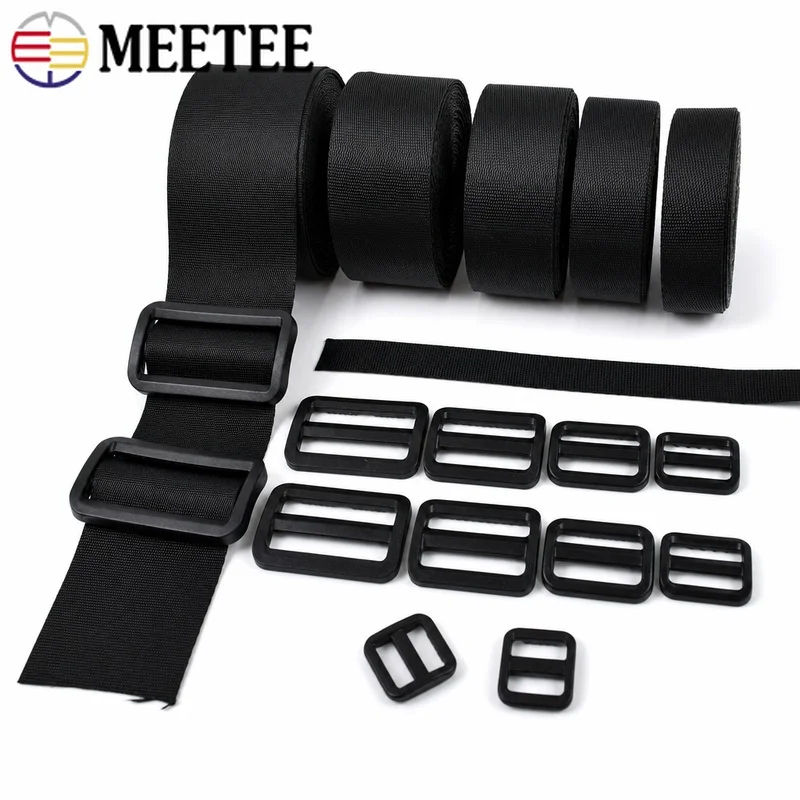 Buckle & Strap Kit 2/5/10/20Sets 15-50mm Black Nylon Webbing + Plastic Tri-Glide Ring Buckles Bag Strapping Slider Fastex Hook