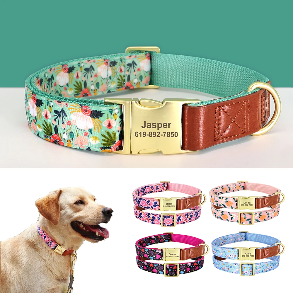 Custom Engraved Dog Collar Personalized Nylon Pet ID Collars Flower Print PU Leather Dogs Collar Adjustable for Small Large Dogs