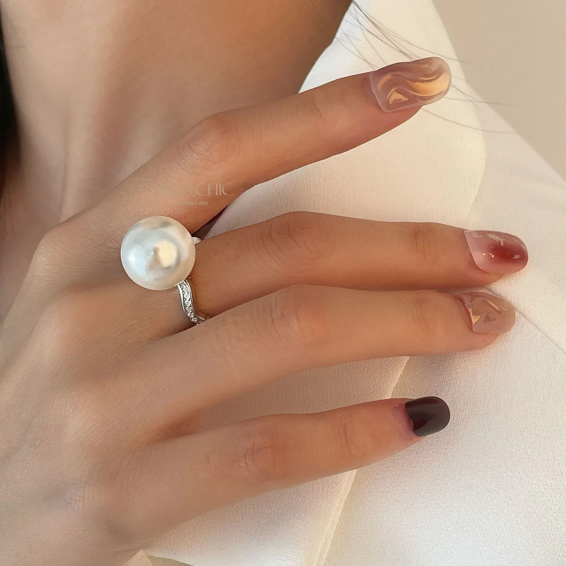 Ables Chic Real Silver Shell Pearl Contemporary Open Ring Paved Minimalist Adjustable Solitaire Rings S2R1S2R1763