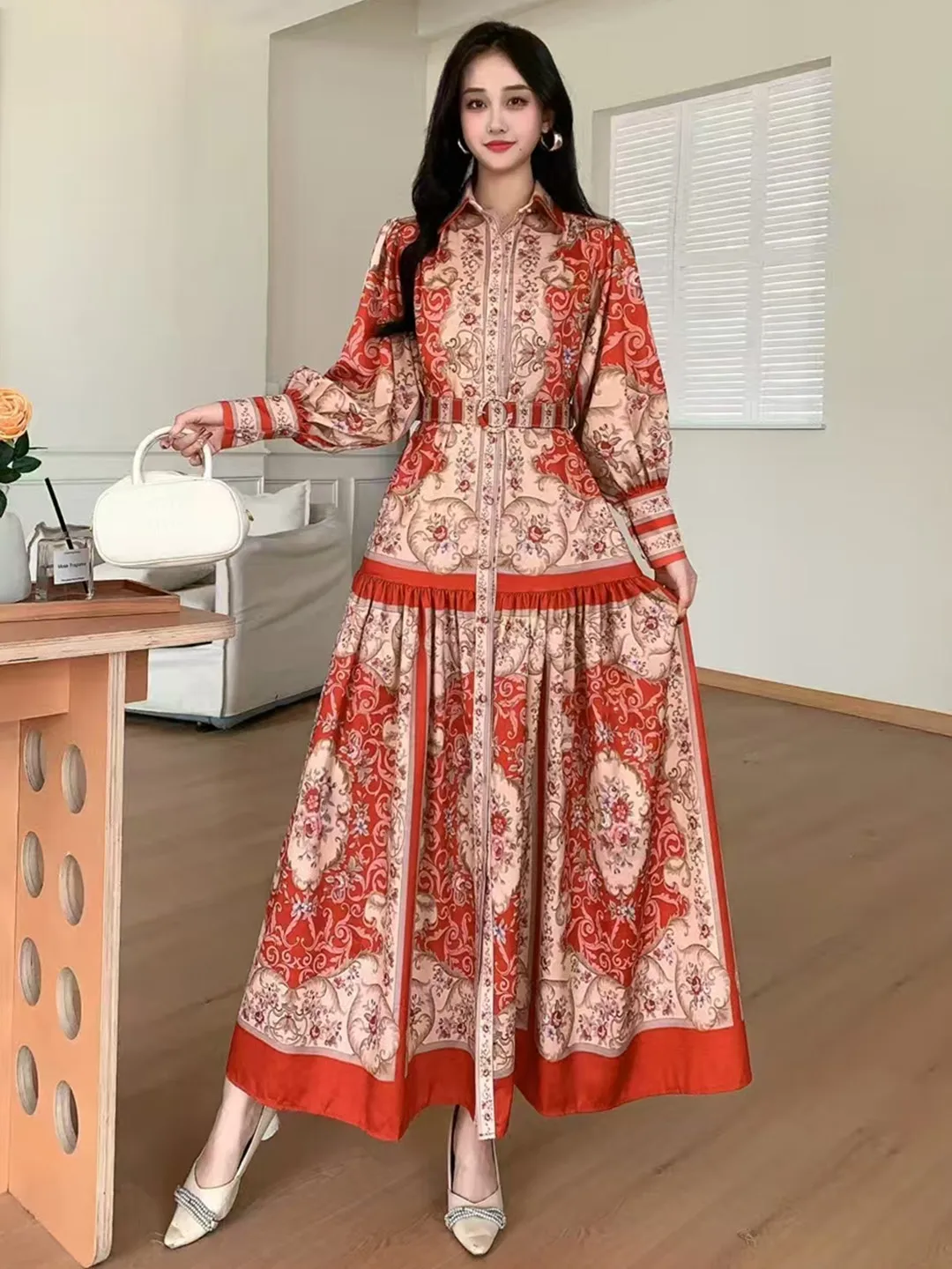 

New Spring Autumn Women Turn-down Collar Long Sleeve Belt Slim Long Dress High Quality Elegant Retro Print Big Hem Runway Dress