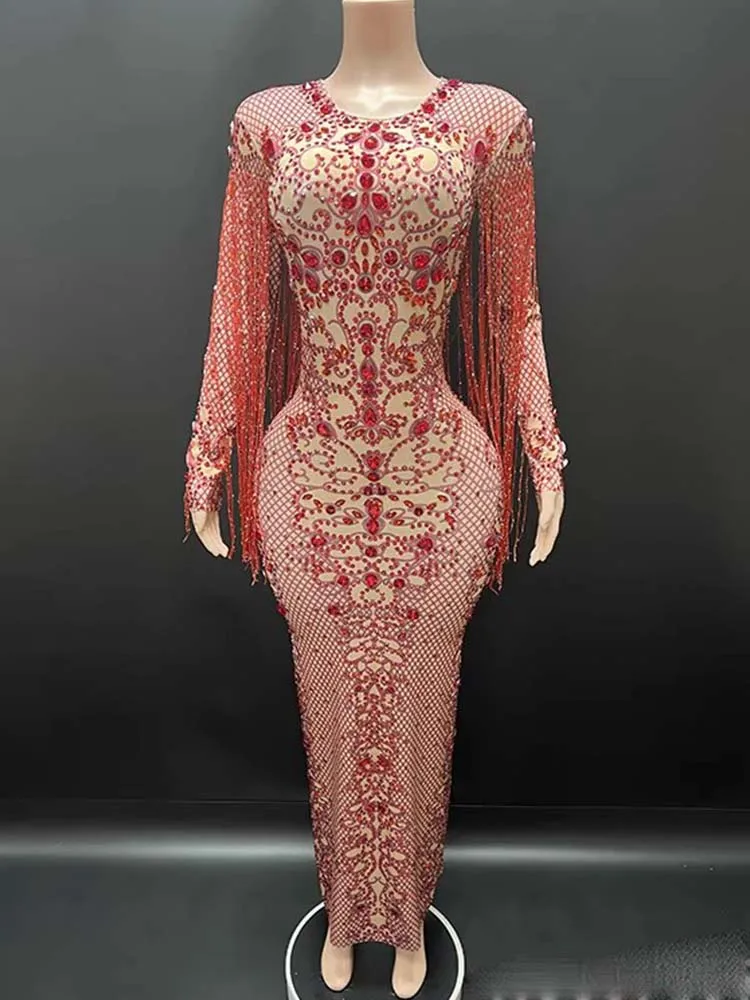 

High Quality Rhinestone Tassel Sexy Elastic Dress 2025 New Fashion Custom Women'S Clothing