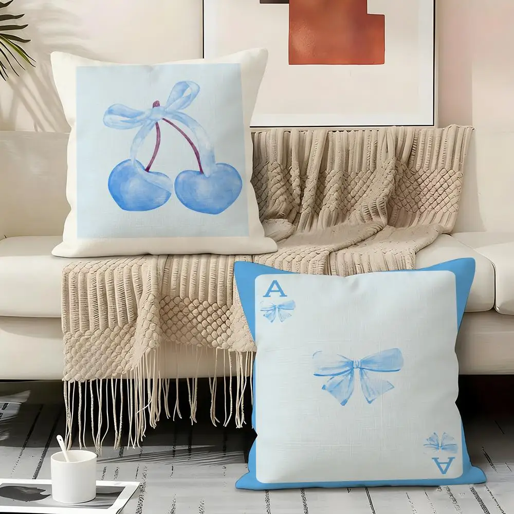 Blue Cherry Bow ACE Cushion Cover Natural Linen Organic Fabric Double-Sided Printing Sofa Home Decor Gift Pillow Cover