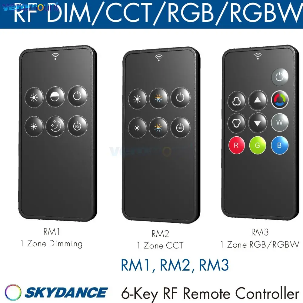 Skydance 6-Key 1Zone 2.4G RF Wireless RM1 Dimming RM2 CCT RM3 RGB/RGBW Remote for Single Color CCT RGB RGBW LED Strip Controller