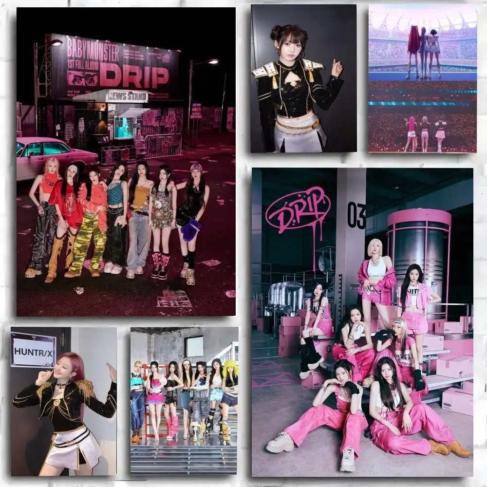 Affiche populaire du groupe de filles Kpop B-Babymonster, autocollant artistique auto-adhésif en papier imperméable, décoration murale pour café, bar, chambre, 1 pièce