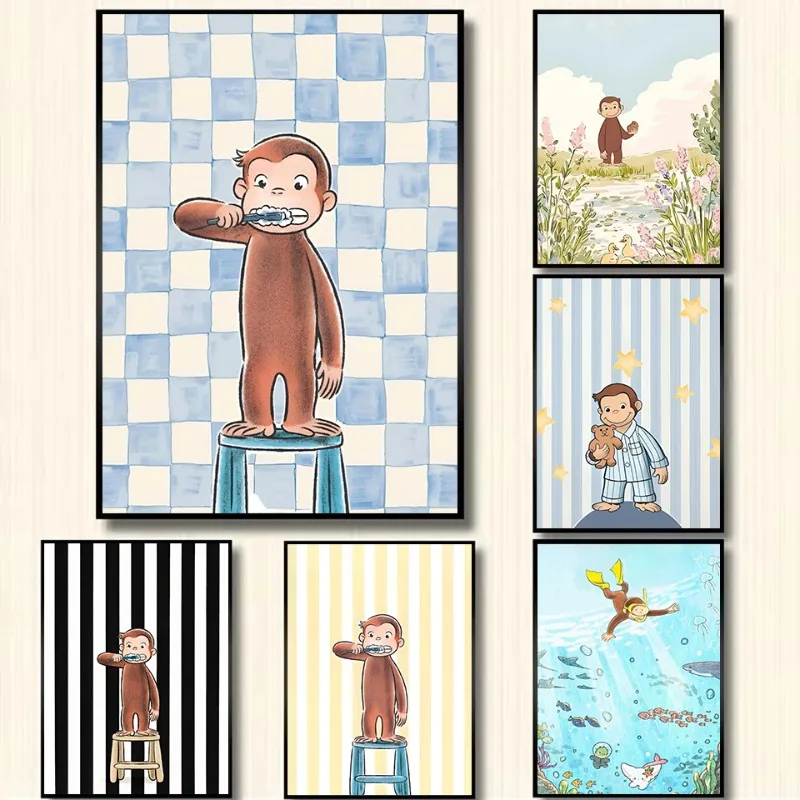 Watercolor Classic c-Curious Monkey Brushing Teeth Cartoon Nursery Animal Poster Canvas Painting Wall Pictures Home Decor