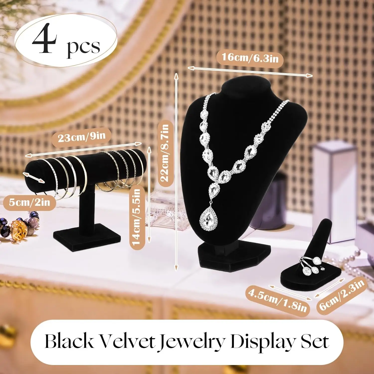 4 Pcs Velvet Jewelry Display Set Necklace Bracelet Ring Holder Organizer Stylish Storage for Home Garden Decor