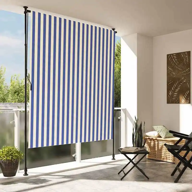 Store banne d'extérieur bleu et blanc 150x270cm en polyester PU, cadre en acier, manuel, anti-UV, rétractable, hauteur réglable pour balcon, terrasse, jardin
