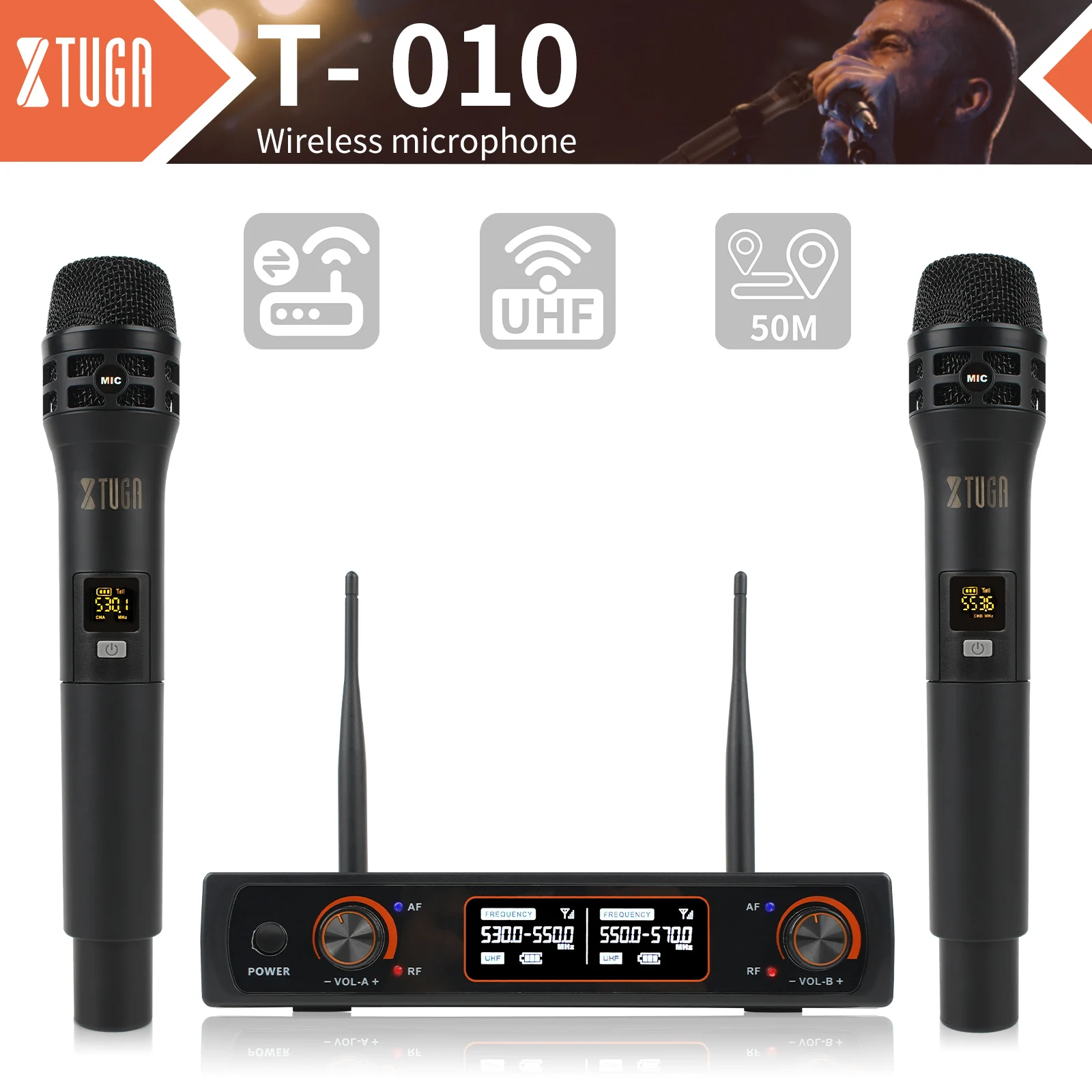 

XTUGA Professional UHF Wireless Microphone with Two Handheld Karaoke Microphones Dual Channel Receiving System For Party Speaker