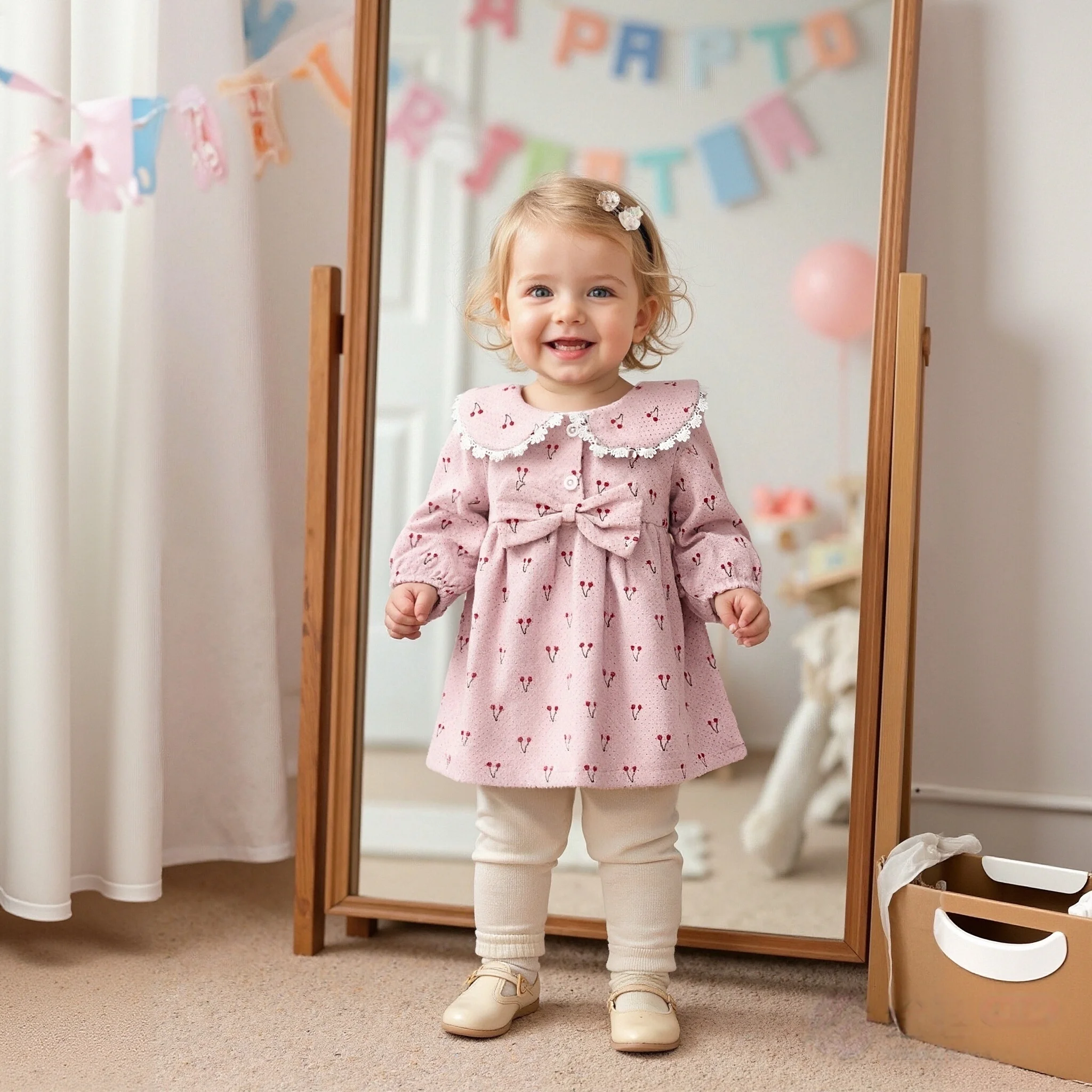 

Baby Girl Dress Spring And Autumn Solid Color Bow Cherry Pattern Doll Collar Lace Edge Baby Dresses Cute Casual Baby Clothing