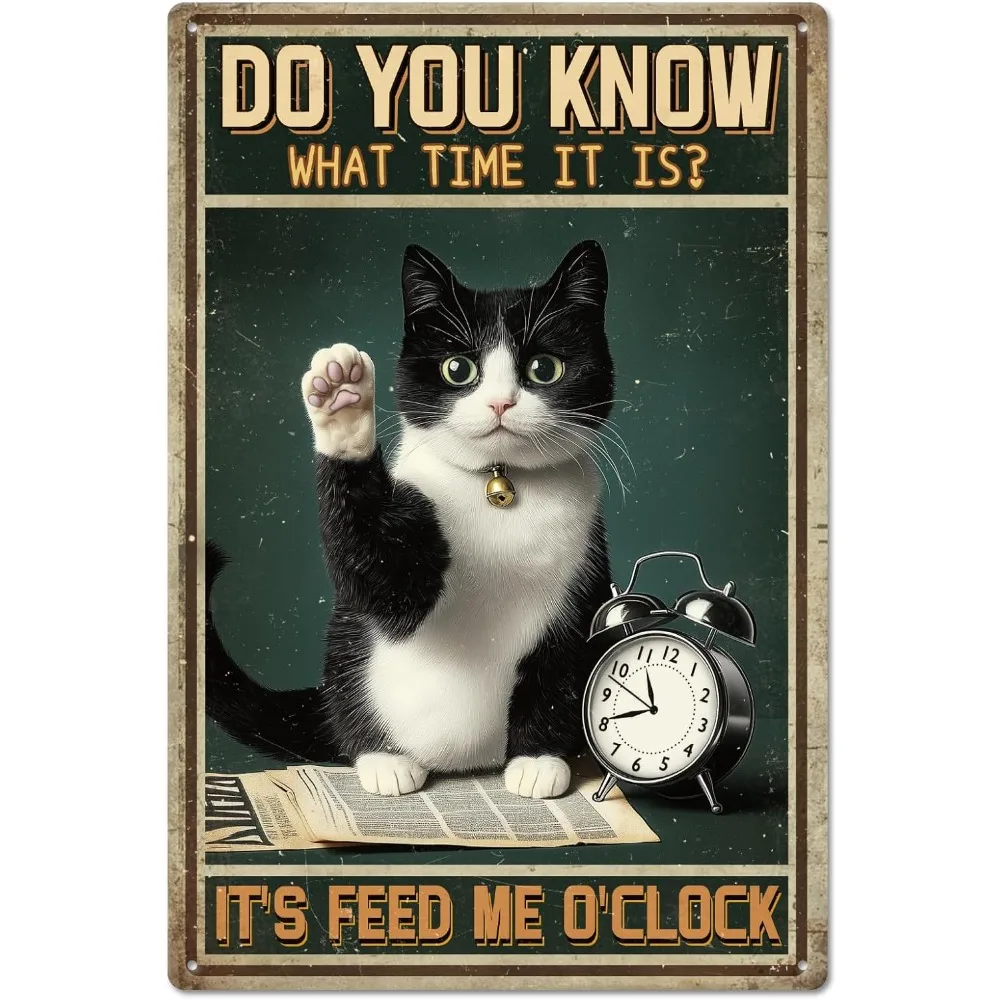 Wecker-Katzen-Metallschild 8x12 Zoll - 'Es ist Futterzeit' Vintage-Blechschild Wandposter für Küche und Esszimmer