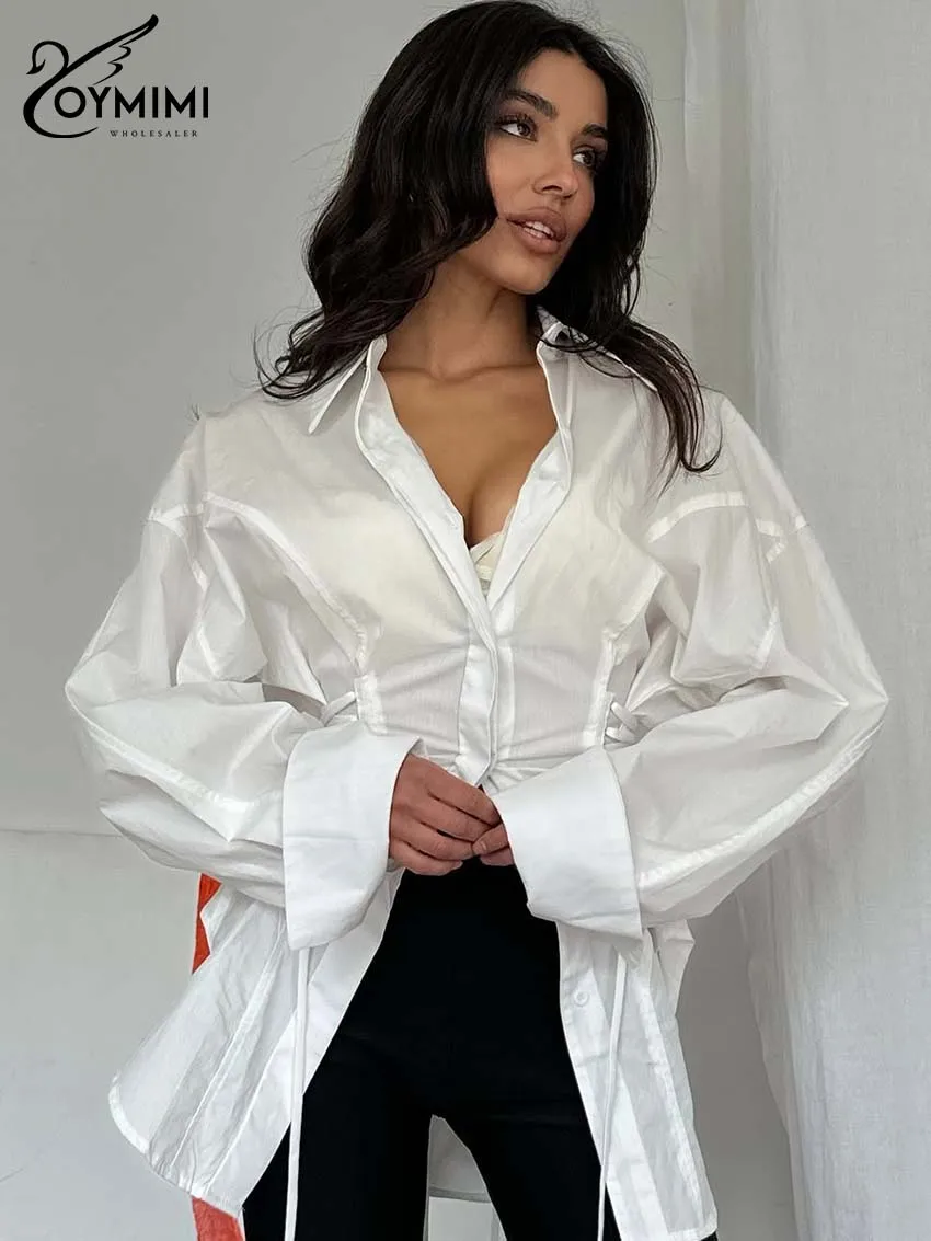 

Oymimi Women's White Oversized Shirt 2026 Spring Drawstring Waist Back Lace-Up Button Front Top Stylish Casual Wear Streetwear