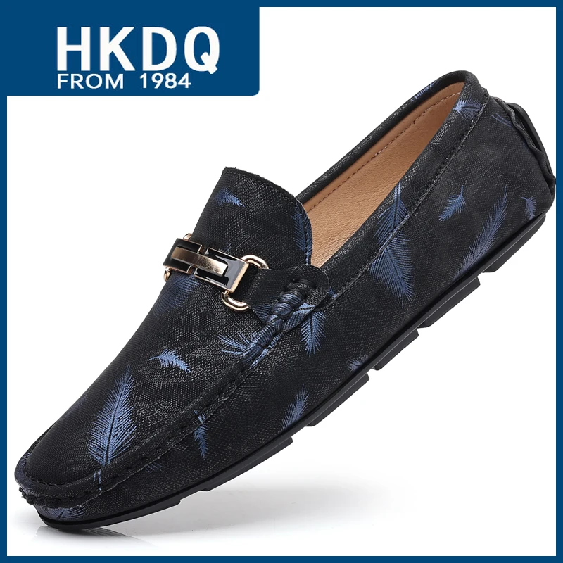 HKDQ Trendy Leather Driving Shoes For Men Summer Breathable Men's Loafers Soft Moccasins Comfort Slip-on Male Casual Boat Shoes