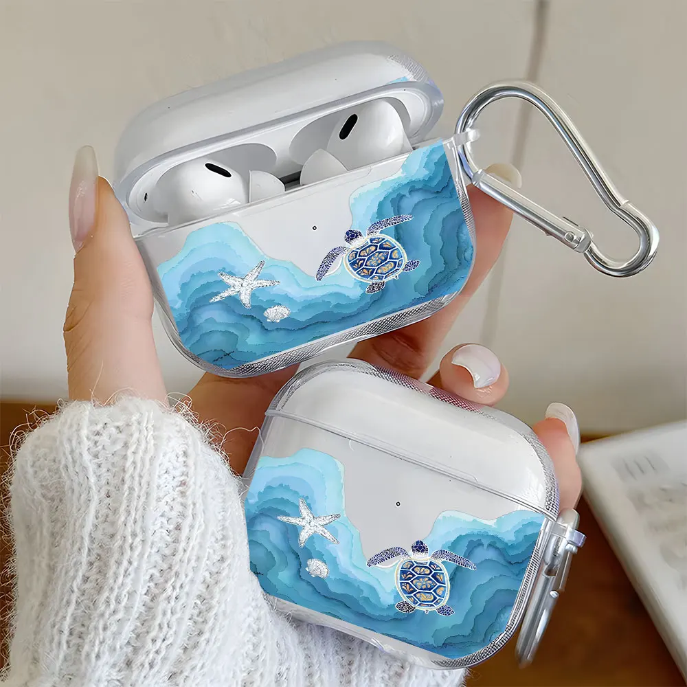 Blue Ocean Turtle Pattern Clear Earphone Case for AirPods 1/2/3/4 Earbuds For AirPods Pro 3/Pro 2/Pro Case TPU Protective Cover