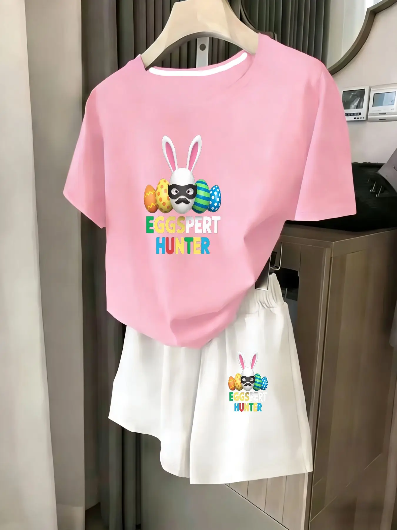 

Ladies 2-Piece Set Summer Beach Vacation Casual round Neck Short Sleeve Random Print T-Shirt Elastic Waist Shorts Suit Comfortab