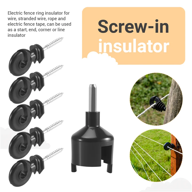 Electric Fence Insulator Screw-In Insulator Fence Ring Post Wooden Post Insulator With Insulator Socket Tool, 50PCS-AT36