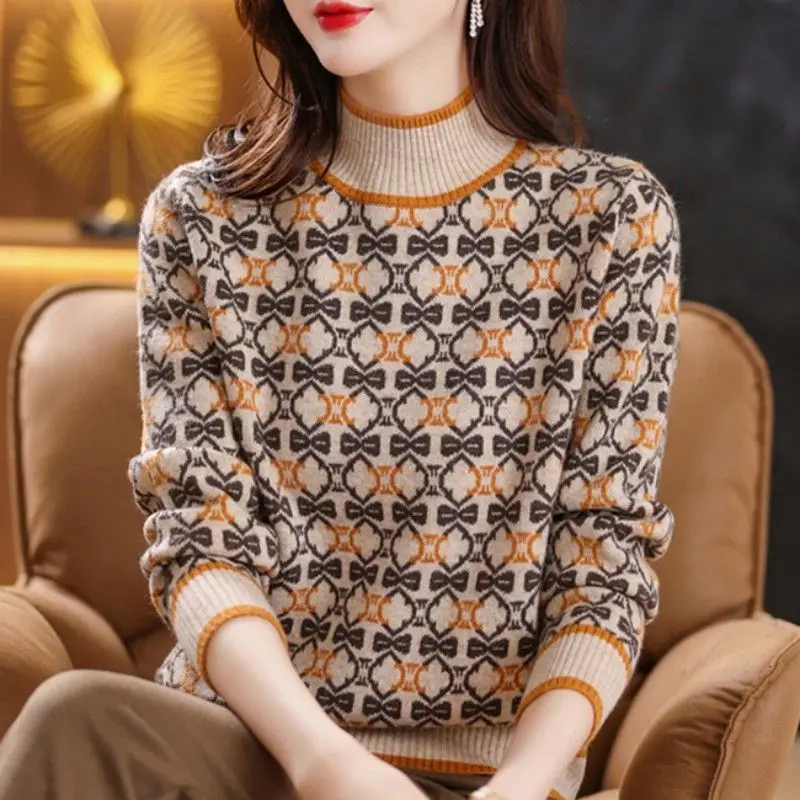 Autumn and Winter Women's Contrast Color Half High Collar Long Sleeve Geometric Sweaters Jumpers Vintage Fashion Casual Tops